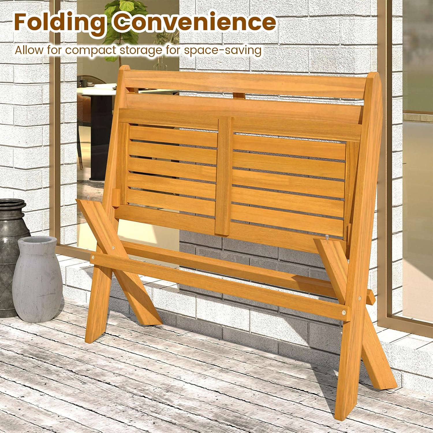 Tangkula Foldable Acacia Wood Outdoor Bench, 2-Person Patio Garden Bench with 800 lbs Capacity, Outside Loveseat Seating for Porch, Balcony, Yard & Park