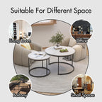 Nesting Coffee Table Set of 2, 27.6 inch Round Side Tables Coffee Table with Wood Marble Pattern Top Sturdy Metal Frame, End Table for Living Room Bedroom Balcony Yard (White B)