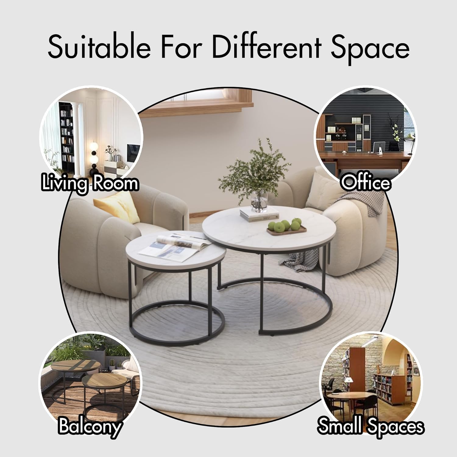 Nesting Coffee Table Set of 2, 27.6 inch Round Side Tables Coffee Table with Wood Marble Pattern Top Sturdy Metal Frame, End Table for Living Room Bedroom Balcony Yard (White B)