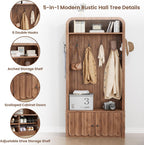 Narrow Hall Tree with Bench and Shoe Storage, Arched Entryway Coat Rack with Adjustable Shoe Cabinet,8 Hooks, Modern Rustic Mudroom Storage Organizer with Scalloped Wave Fluted Doors (Walnut)