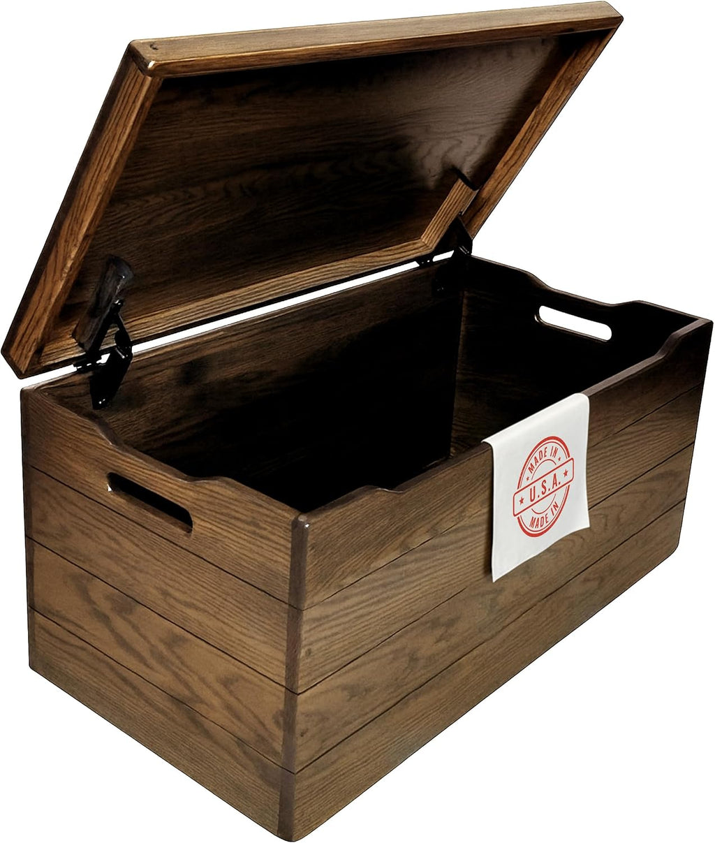 Amish Made Wooden Storage Chest Trunk Box with Lid and Handles for Bedroom, Blanket, Clothes, Anti-Slam Hinges, Handmade, Rustic, Oak Wood, Provincial Stain, 36"