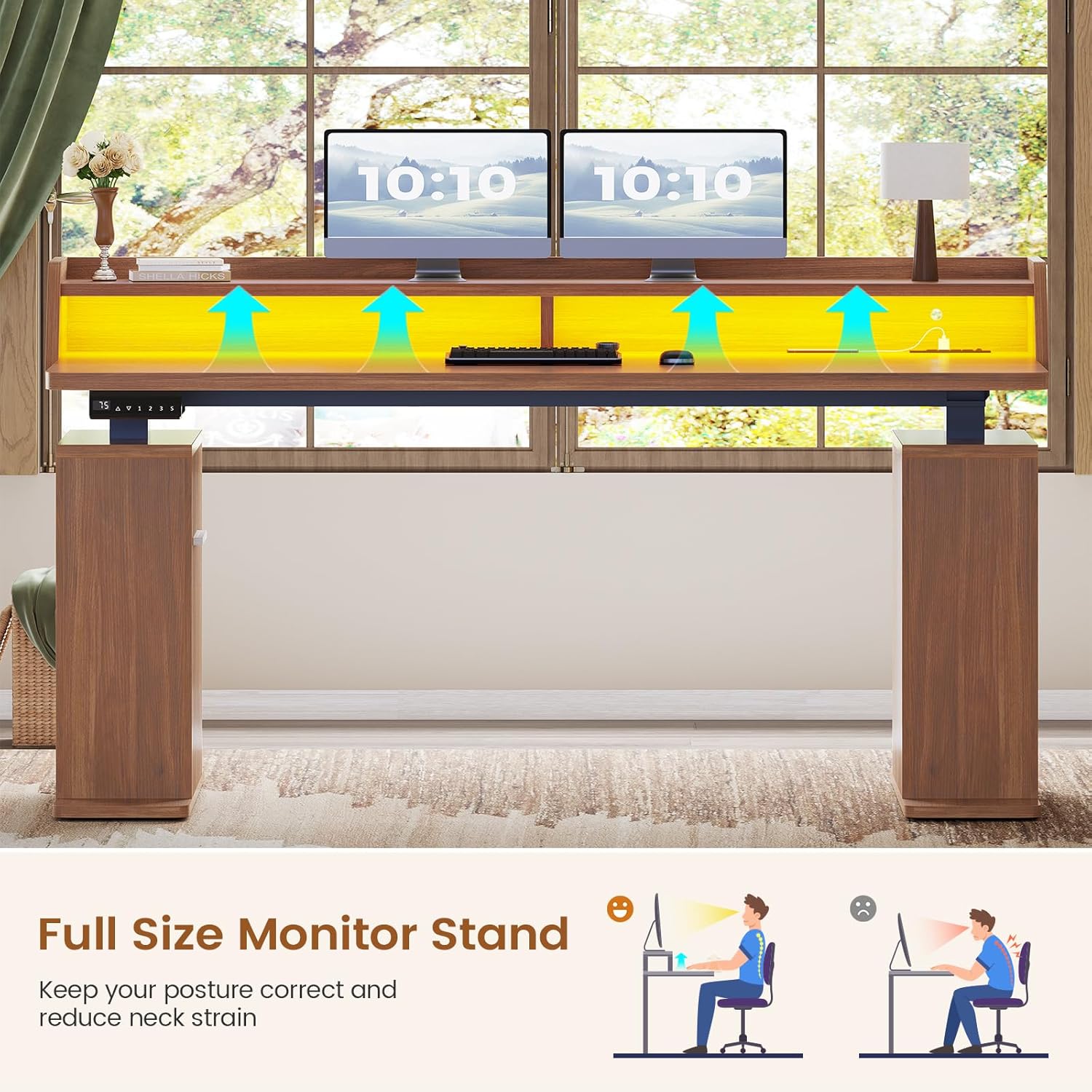 SEDETA Standing Desk with Storage, 55" Fluted Stand Up Desk with Power Outlets and LED Lights, Height-Adjustable Table with Monitor Shelf for Home Office & Gaming, Brown
