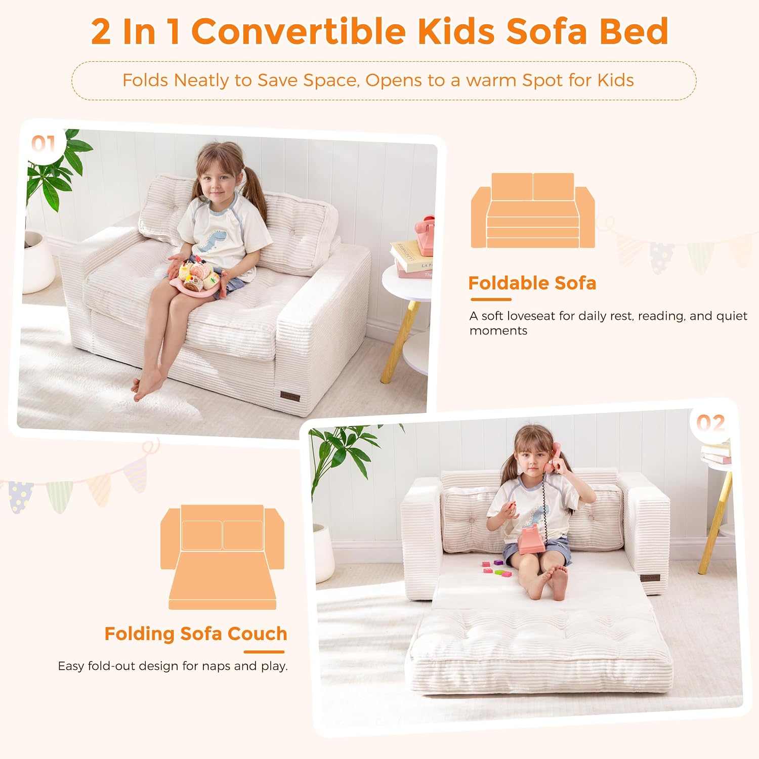 MAXYOYO Convertible Sofa Bed for Boys and Girls, Floor Kids Bean Bag Chair | Pull Out Folding Kids Sofa Chair, Comfy Kids Bean Bag Chair for Playroom, Children's Day & Birthday, Beige
