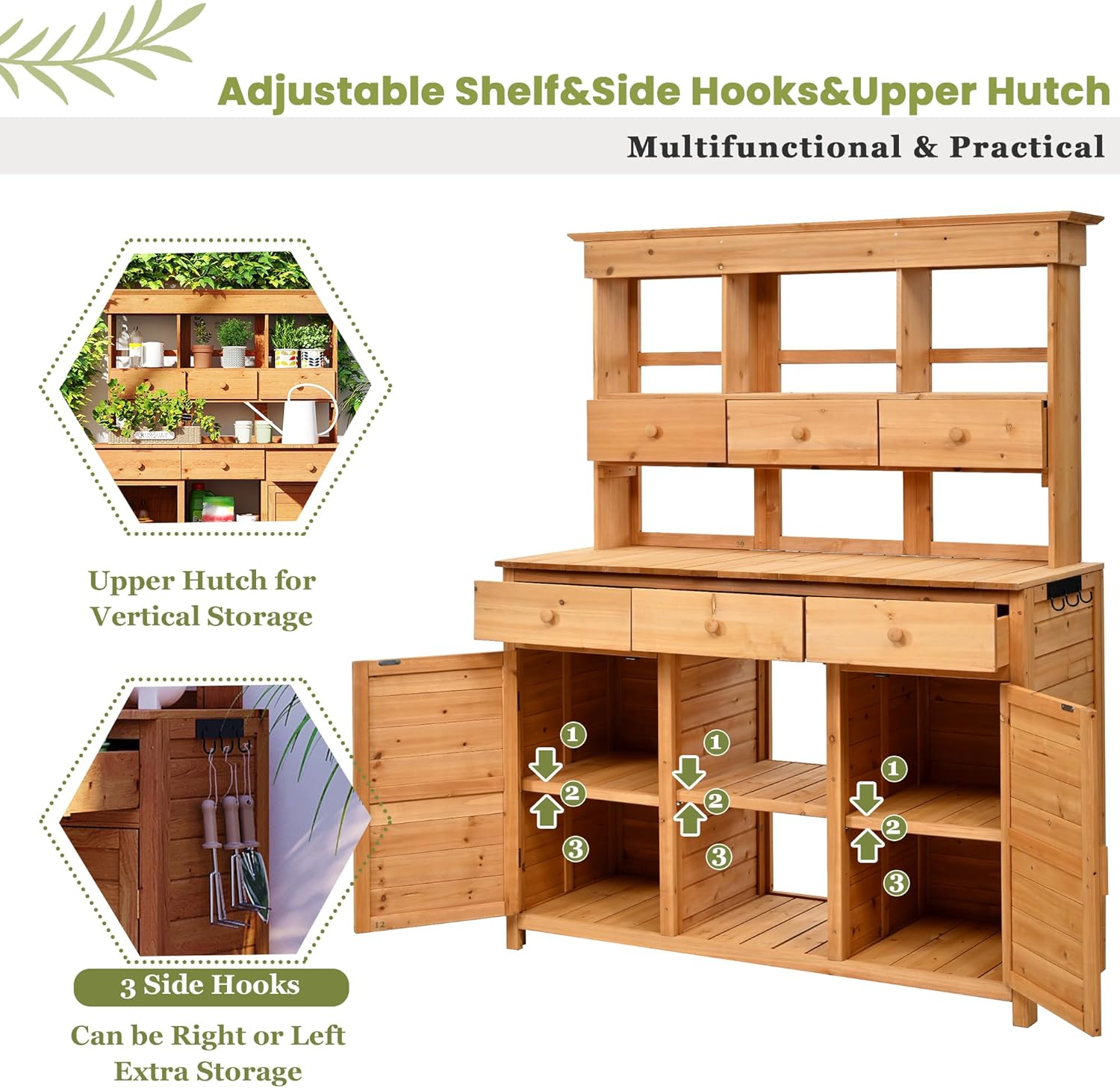 LUMISOL Garden Potting Bench Table with Hutch, Solid Fir Wood Patio Storage Workstation with 3 Shelves, 6 Drawers, 2 Bottom Cabinet and Side Hooks for Mudroom, Doorway, Natural