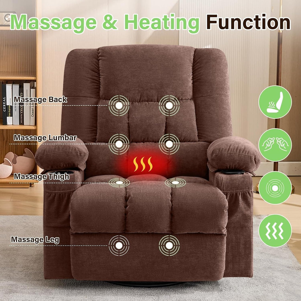Oversized Swivel Rocker Recliner Chair for Adults, Manual Glider Recliner Sofa with Massage and Heat, Nursery Rocking Chair with Cup Holder and Side Pocket for Living Room