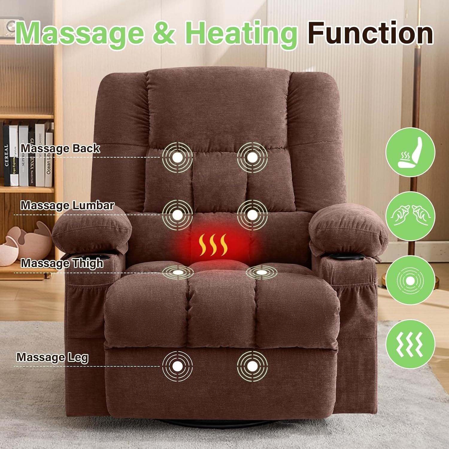 Oversized Swivel Rocker Recliner Chair for Adults, Manual Glider Recliner Sofa with Massage and Heat, Nursery Rocking Chair with Cup Holder and Side Pocket for Living Room