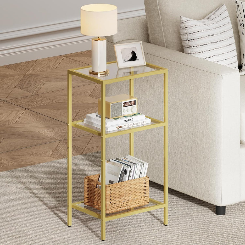 Side Tables Set of 2, Tempered Glass End Table with Metal Frame, 3-Tier Small Nightstands with Storage Shelves,Tall Table Stand for Home Decor, Living Room, Bedroom, Office, Gold（2 Pack）