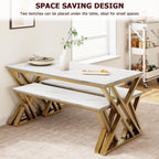 GarveeHome Kitchen Table with 2 Benches, Dining Table Set for 4 with Faux Marble Tabletop, Saving Space Dining Room Table Set for Kitchen, Dining Room, Apartment, Sturdy Metal Frame