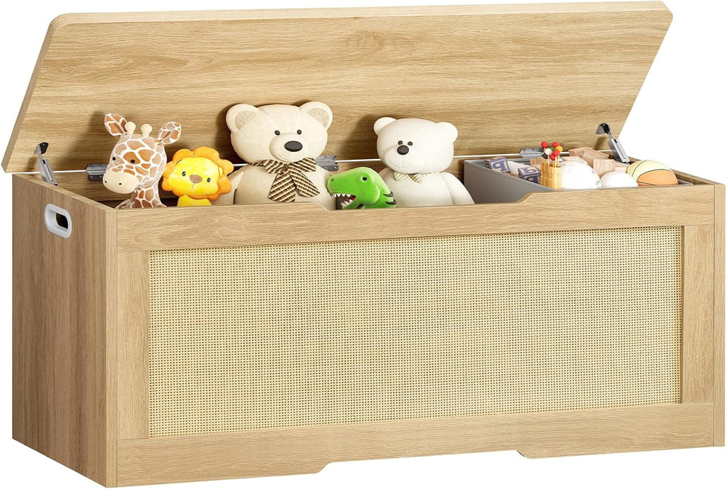 usikey 47.2" Large Storage Chest with Fabric Drawer, Toy Box with Safety Hinges, Extra Wide Storage Bench for Bedroom, Living Room, Entryway, Supports 300 lb