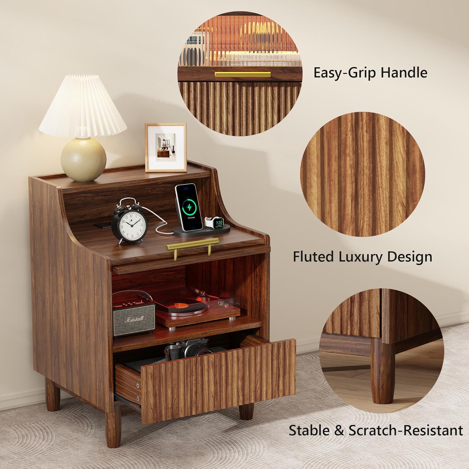 Einhomn Fluted Nightstand with Charging Station and Light, End Table with Drawer & Transparent Storage, Side Table for Bedroom, Narrow Bedside Table for Living Room Small Space, Walnut