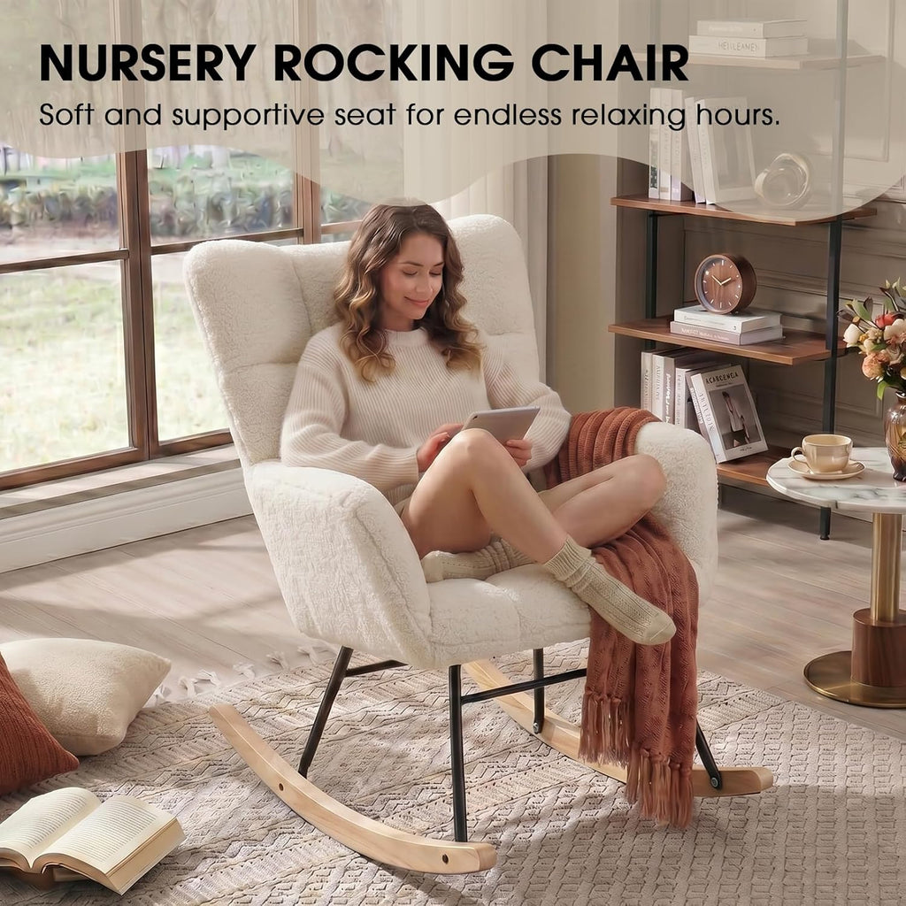 Rocking Chair Nursery, Teddy Upholstered Rocker Glider Chair with High Back, Rocker Recliner with Armrest, Gliding Chair with Thick Cushion, Accent Reading Chair for Bedroom (Ivory)