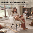 Rocking Chair Nursery, Teddy Upholstered Rocker Glider Chair with High Back, Rocker Recliner with Armrest, Gliding Chair with Thick Cushion, Accent Reading Chair for Bedroom (Ivory)