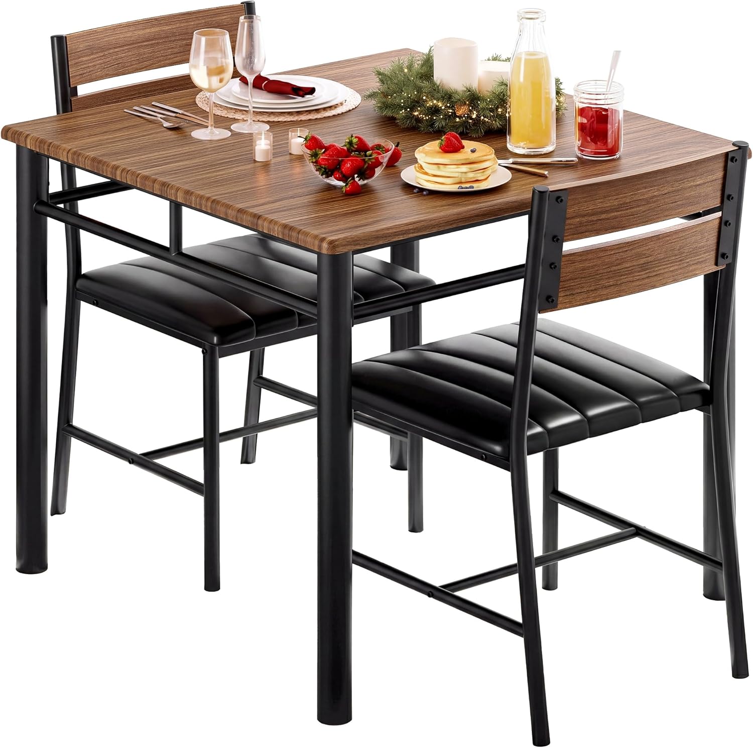 IRONCK Dining Table Set for 2, Small Kitchen Table with Upholstered Chairs for Kitchen & Dining Room, Compact Dining Set for Small Spaces, Walnut