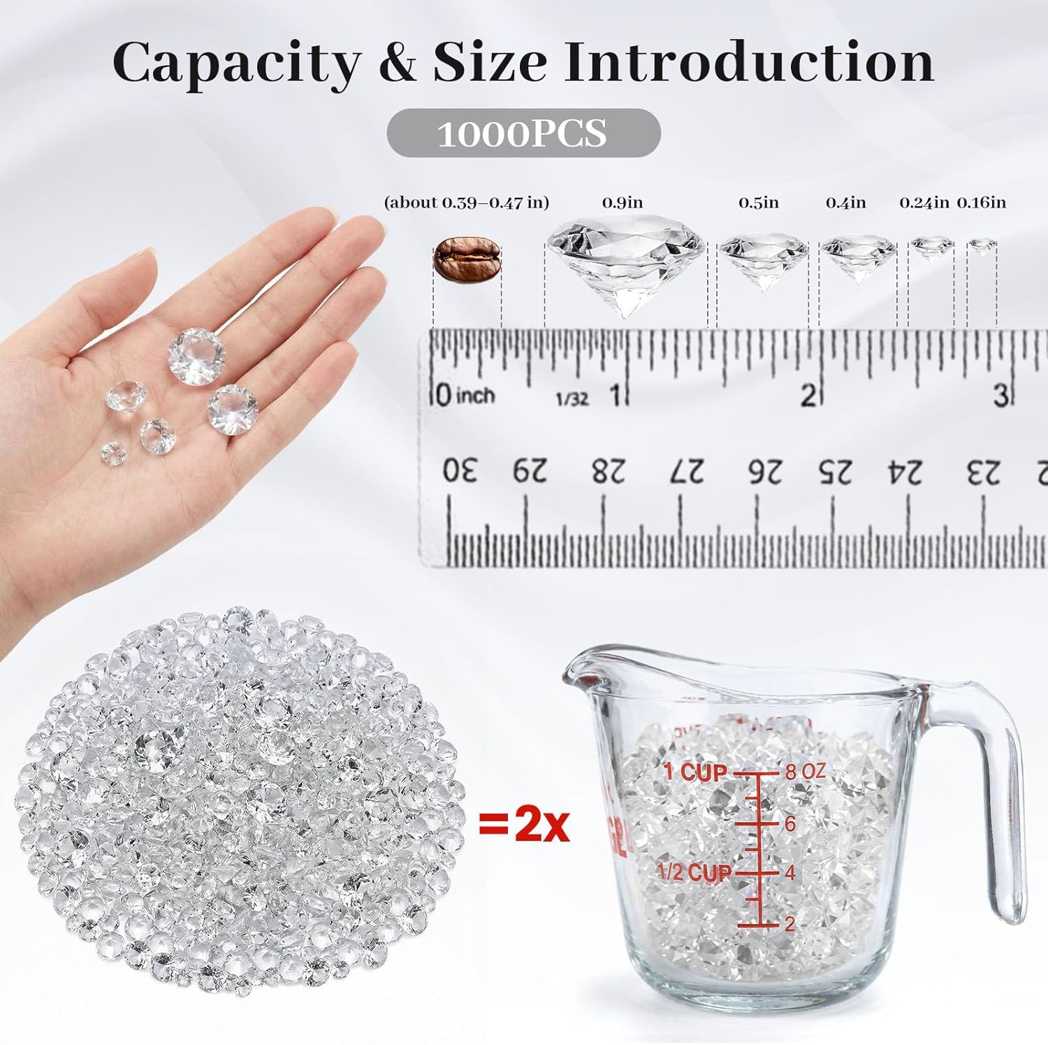 DomeStar 1000PCS Diamond Decorations, Clear Fake Diamonds Acrylic Craft Gems Crystals for Vase Fillers Wedding Table Scatters Party 5 Sizes（0.16''-0.9'')
