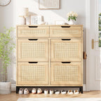 Jocoevol Rattan Shoe Cabinet for Entryway, Boho Shoe Storage Cabinet with 4 Flip Drawers and 2 Drawers, Narrow Freestanding Shoe Rack with Metal Legs for Entryway/Hallway/Foyer (Natural)