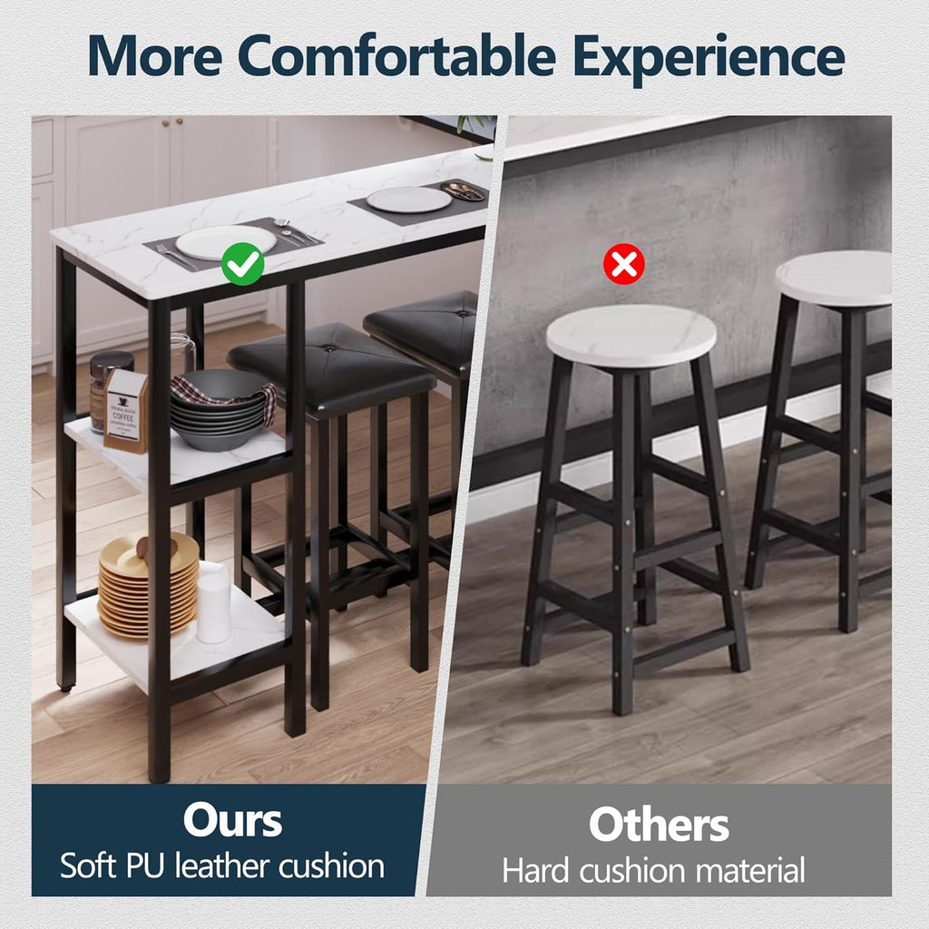 HUGROVE 4-Piece Counter Height Table with 3 PU Upholstered Bar Stools, 57.08" Faux Marble Table Top with Storage, Modern Bar Table and Chairs Set for Kitchen, Living Room, Small Space, Pub (Charcoal)
