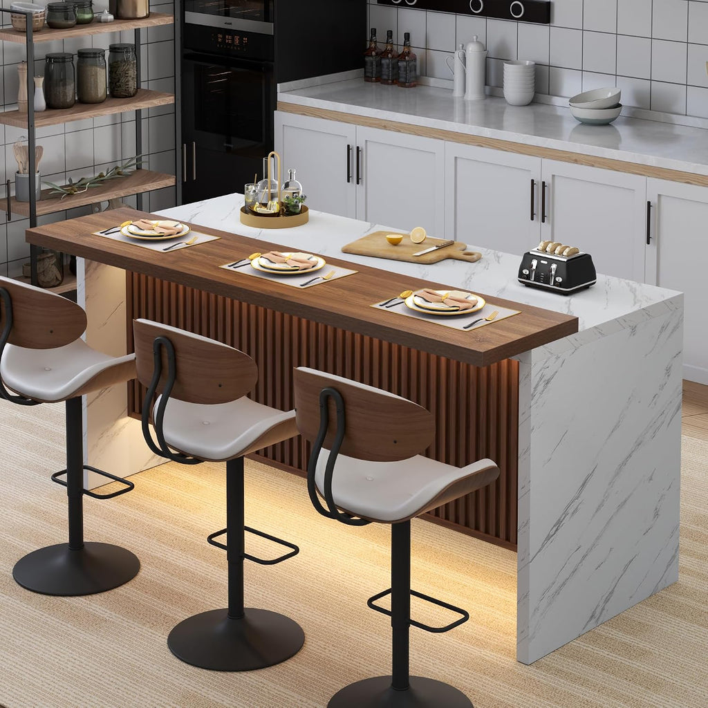Gyfimoie 71" Large Imitation Marble Bar Table,Island Table with LED Lights | Mordern Marble Stripes Dining Table with Grille Design for Home Kitchen, Living Room, Balcony, Basement (White+Brown)