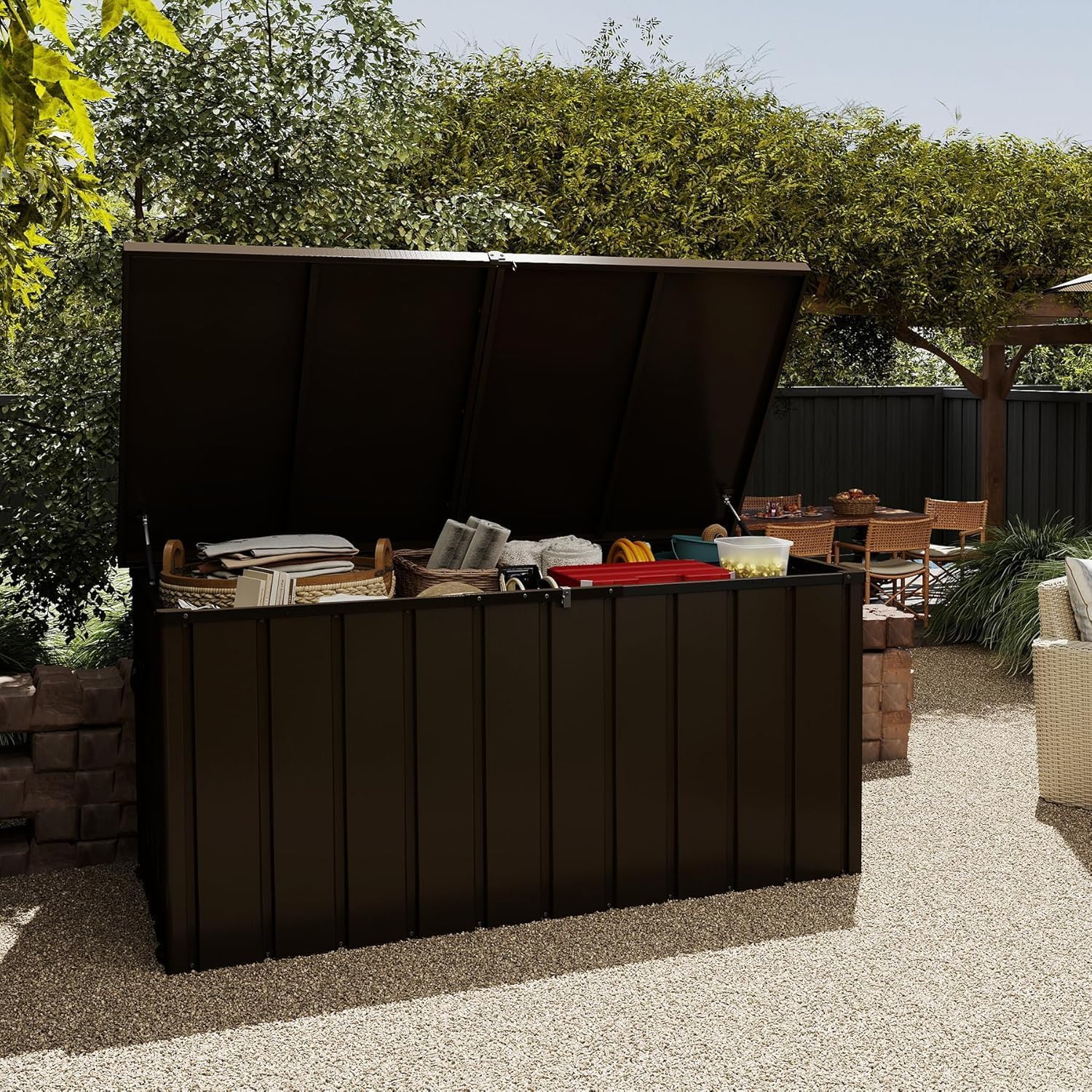 Steel & Plastic Outdoor Storage Box, Lockable Patio Storage Bench with Hydraulic Lid, Side Handles & Rolling Wheels for Backyard Garden Pool Tools and Furniture Accessories (Brown)