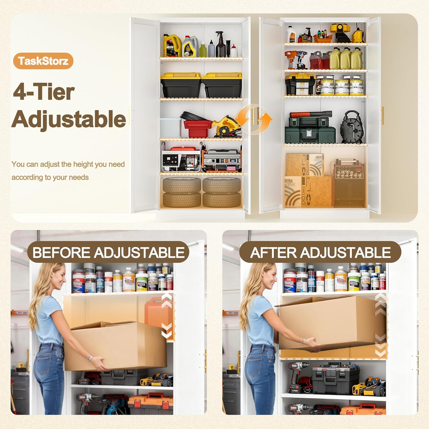 71" Tall White Metal Pantry Cabinet, Freestanding Storage Cupboard with Doors & 4 Adjustable Shelves, for Kitchen, Dining Room & Living Room