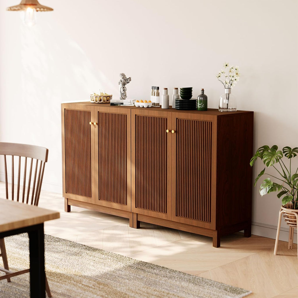 SUNBURY Fluted Cabinet with Storage, Mid Century Modern Accent Cabinet with 2 Doors, Sideboard Buffet with Adjustable Shelves for Living Room, Kitchen, Entryway