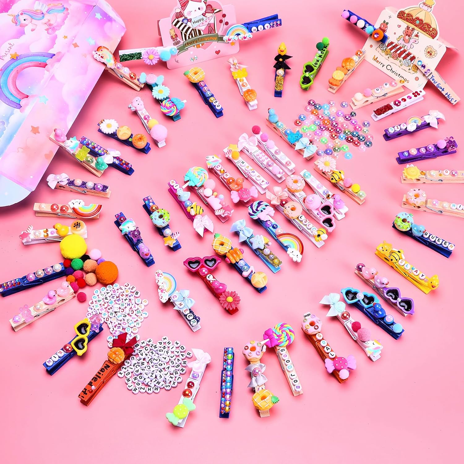 FULGENSZ 70 Set Cheer Pins & Spirit Clips Wooden Clothespins with 106 Mini Resin Animals and Bows for Backpacks,Cheerleaders, Volleyball Accessories & Decorations,Cheer Gifts Bulk (Macaron Colorful)