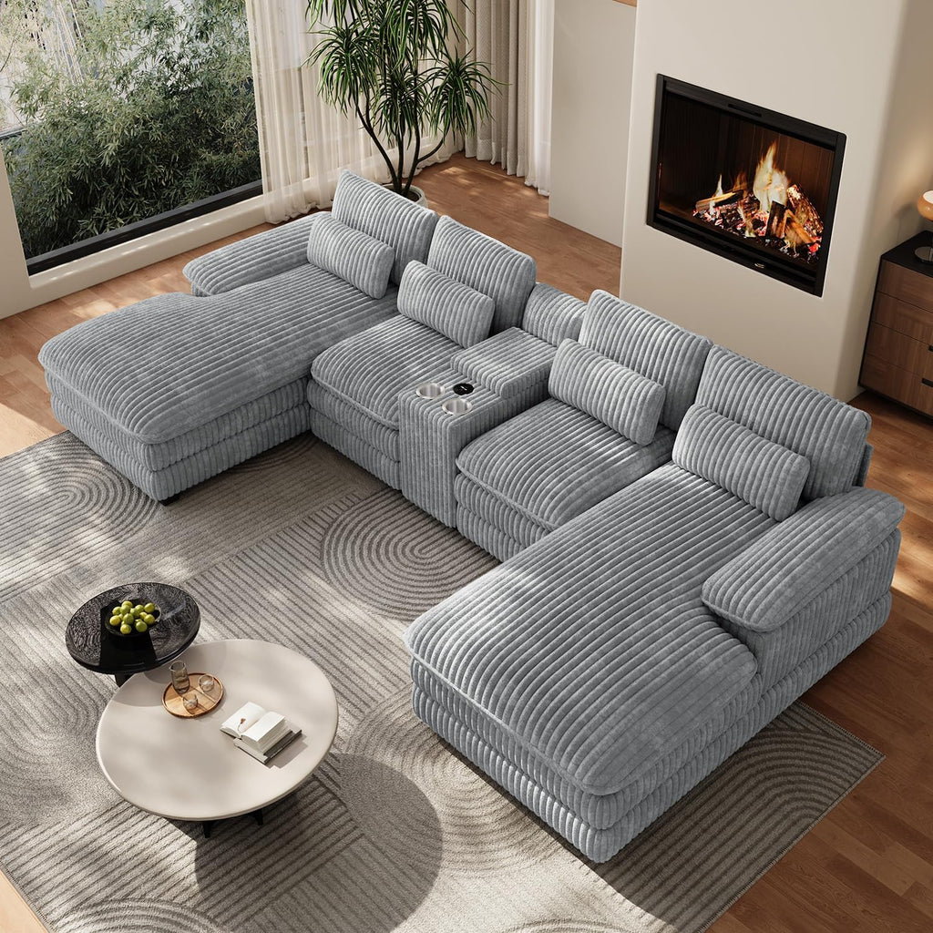 132" U Shaped Cloud Couch Sectional,Fluffy Plush 4 Seat Corduroy Sectional Couches for Living Room,Comfy Corduroy Sofa with Double Chaise Lounge, Storage Console, Cup Holders, USB Port（Grey）