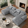 132" U Shaped Cloud Couch Sectional,Fluffy Plush 4 Seat Corduroy Sectional Couches for Living Room,Comfy Corduroy Sofa with Double Chaise Lounge, Storage Console, Cup Holders, USB Port（Grey）