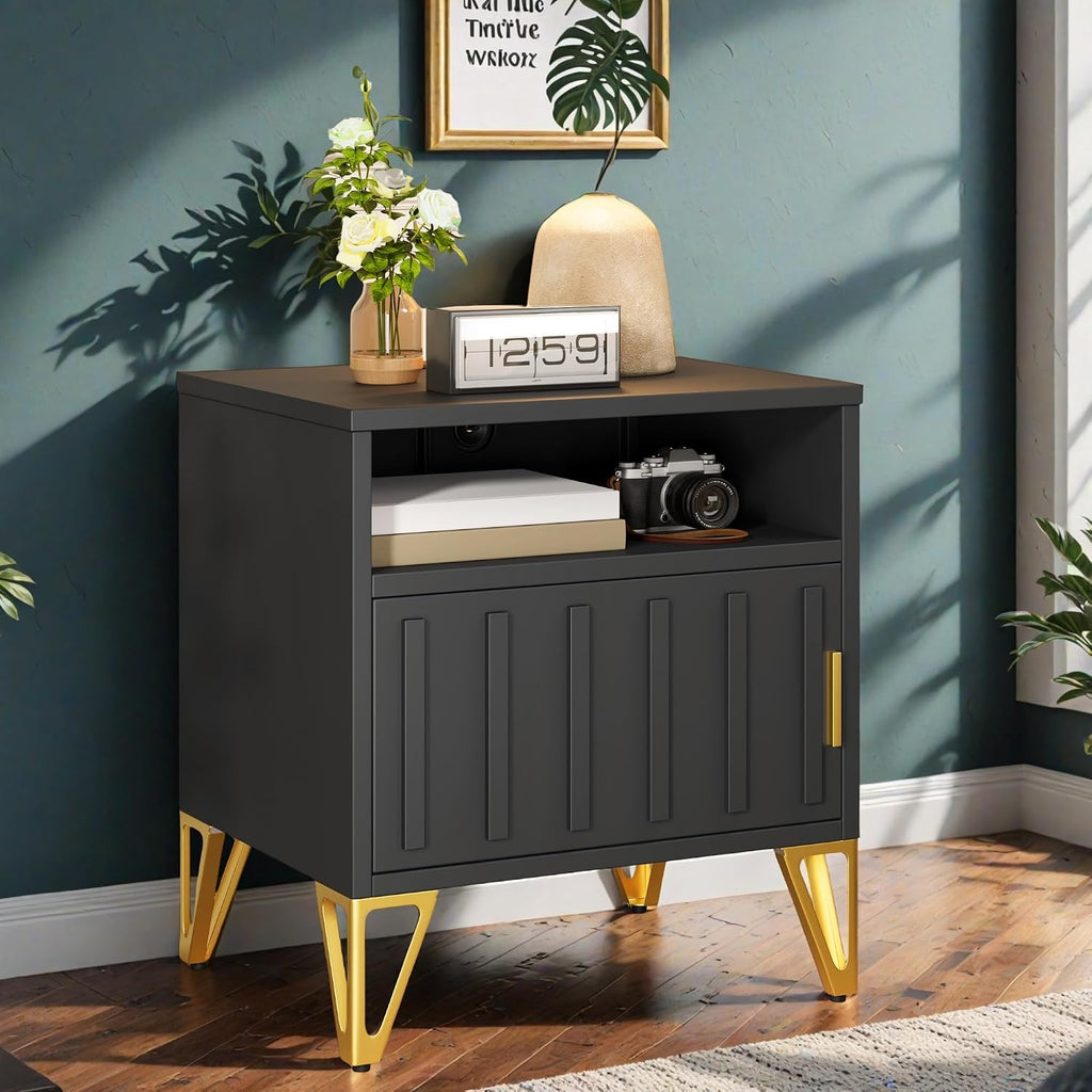 DWVO Nightstand with Charging Station, Metal Night Stand Set 2, Small Bedside End Tables, Modern Side Tables, Night Stand, Set of 2, Black