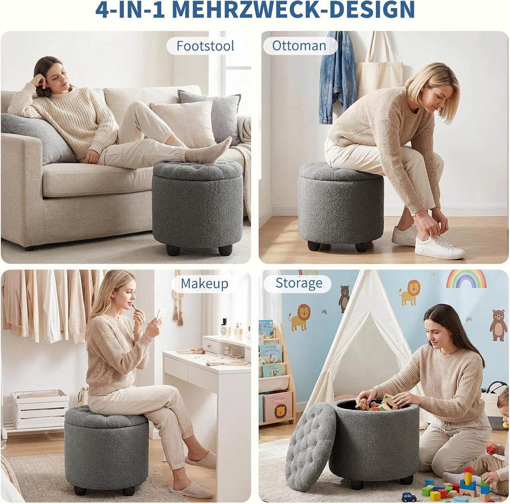 Furniliving Modern Round Storage Ottoman, Upholstered Button Tufted Ottoman Footstool Ottomans with Removable Lid Storage Footstool for Living Room, Bedroom, Makeup Room, Teddy, Grey