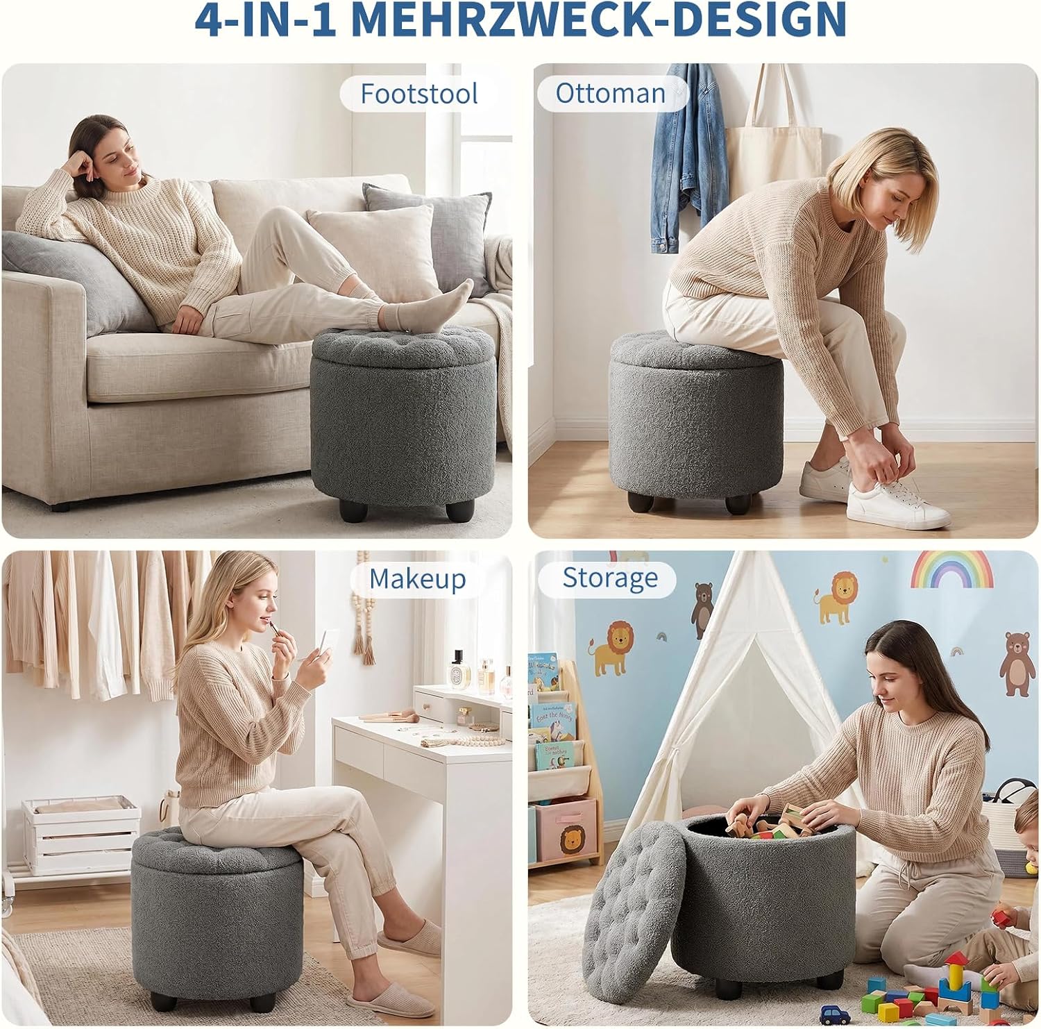 Furniliving Modern Round Storage Ottoman, Upholstered Button Tufted Ottoman Footstool Ottomans with Removable Lid Storage Footstool for Living Room, Bedroom, Makeup Room, Teddy, Grey
