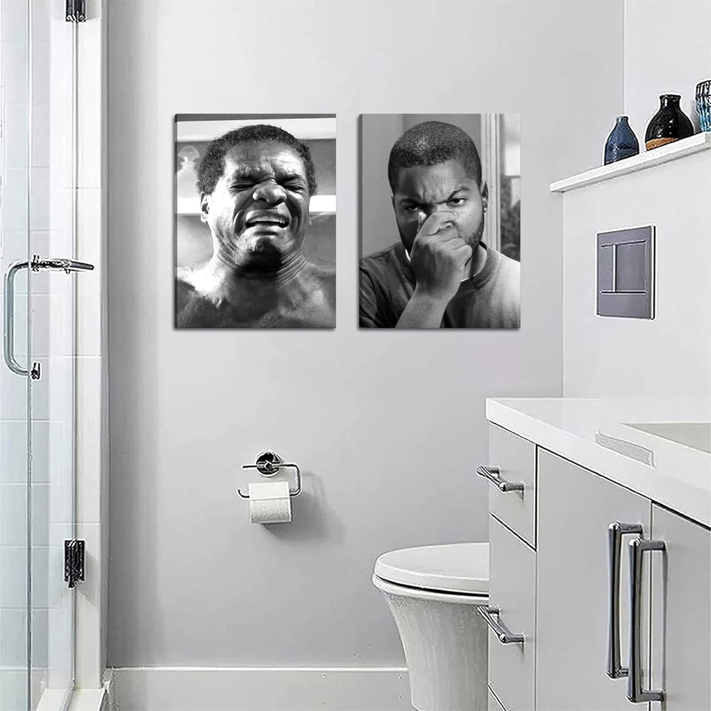 Framed Funny Bathroom Canvas Wall Art Set of 2 - Black and White Vintage Comedy Movies Posters, Funny Toilet Humour Smell Wall Decor Prints for Bathroom Decor 12x16in