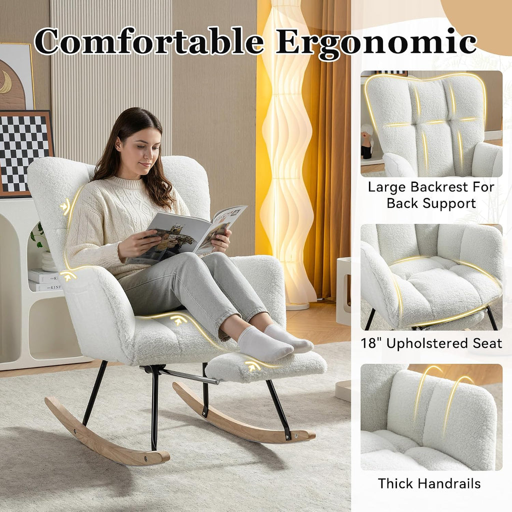 Modern Nursery Rocking Chair Teddy Upholstered, Comfy Glider Rocker with Retractable Footrest Armchair Padded Seat Reading Chair, Accent Side Chair for Living Room Bedroom Offices (Ivory-2)