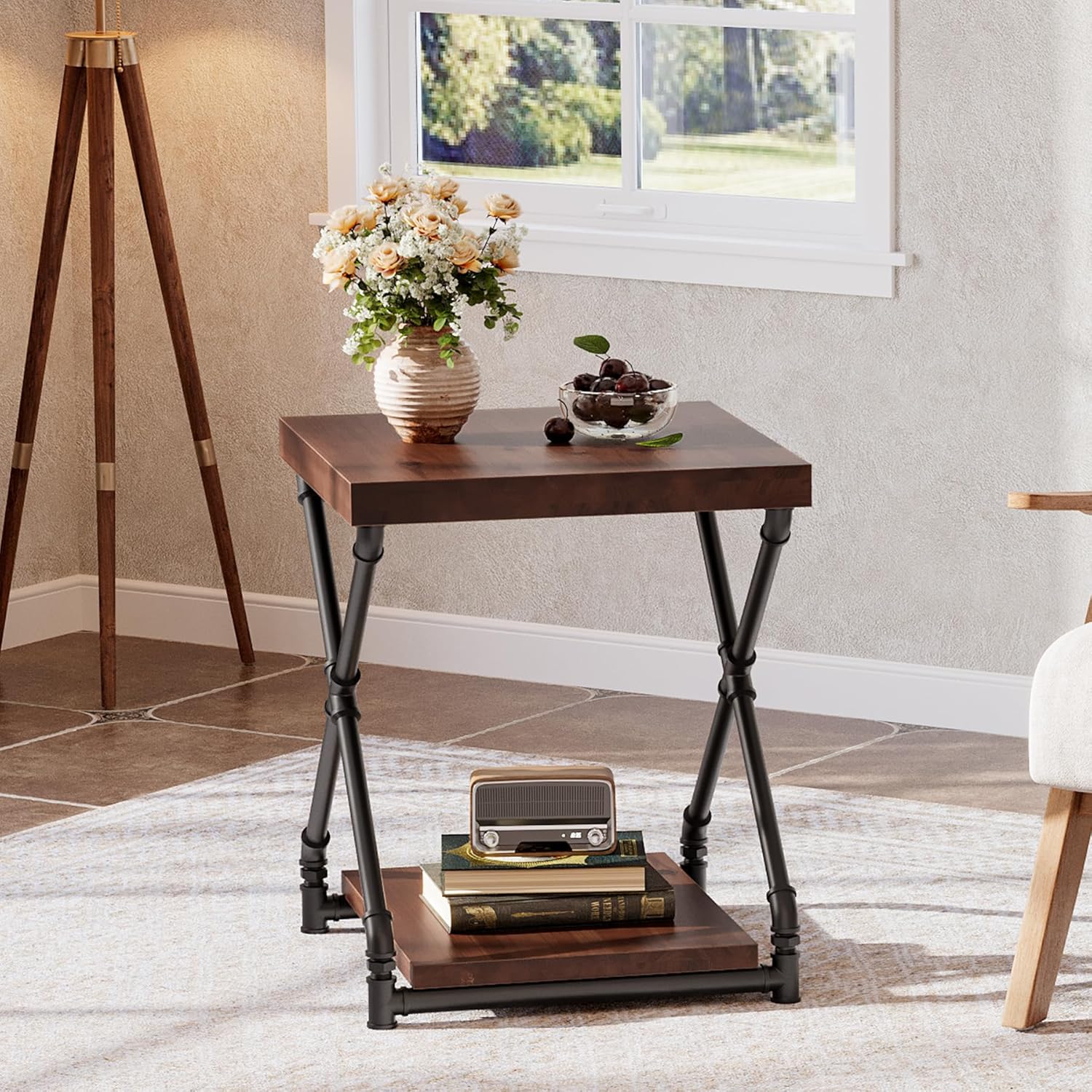 Tribesigns Solid Wood End Side Table with Storage Space for Living Room, Small Wood Nightstand for Bedroom, Dark Brown