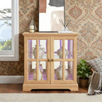 Small Curio Cabinet with Glass Doors and LED Lights, 30.32” W Black Wood Display Cabinet, 2-Tier Accent Storage with Adjustable Shelves, Retro China Cabinet for Living Room Corner (Oak)