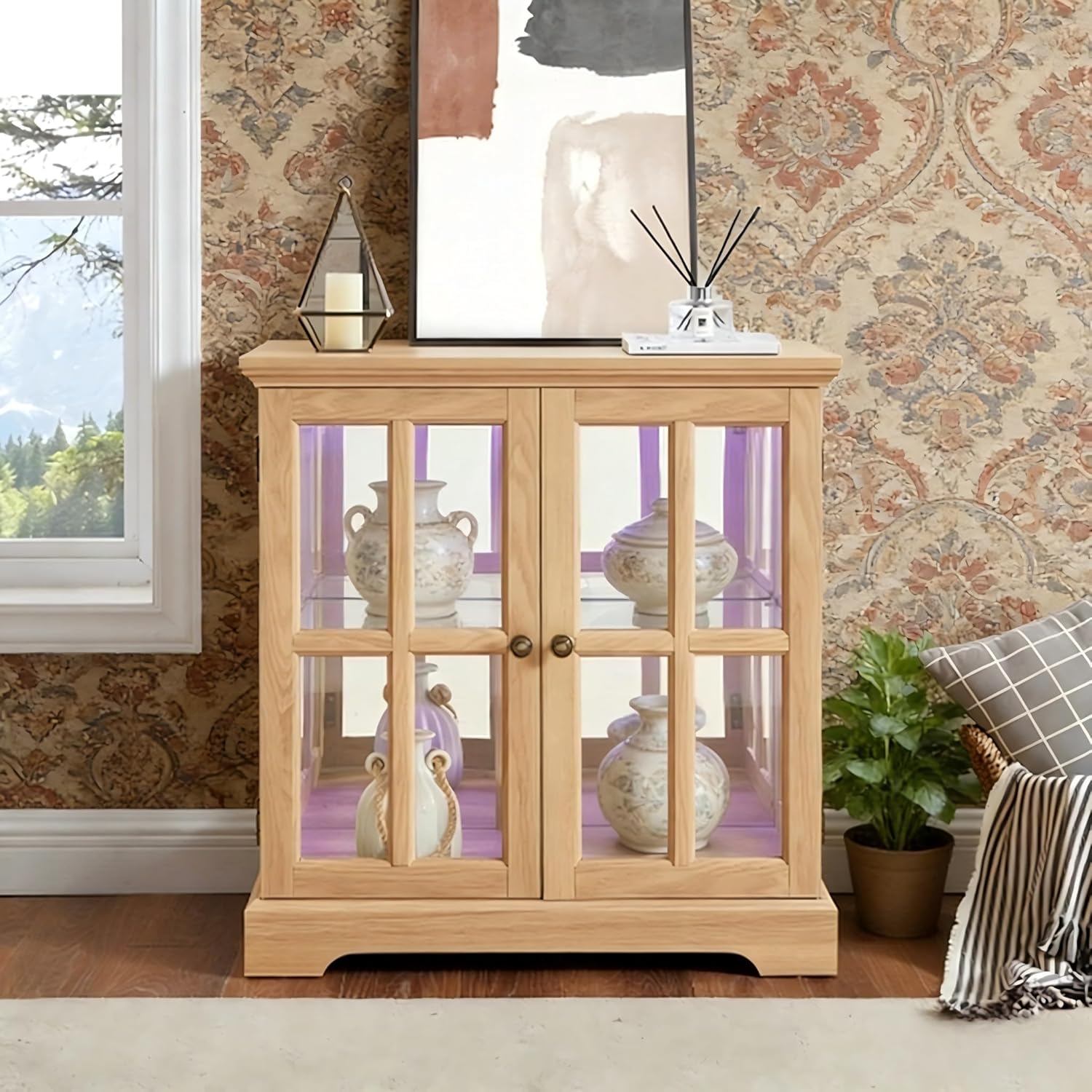 Small Curio Cabinet with Glass Doors and LED Lights, 30.32” W Black Wood Display Cabinet, 2-Tier Accent Storage with Adjustable Shelves, Retro China Cabinet for Living Room Corner (Oak)