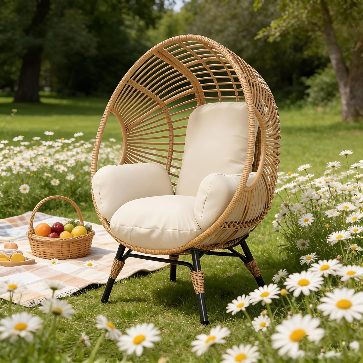Wicker Egg Chair Indoor Outdoor, 400lbs Capacity, Plush Pill-Resistant Fabric, Removable Cover Balcony Chairs(Natural)