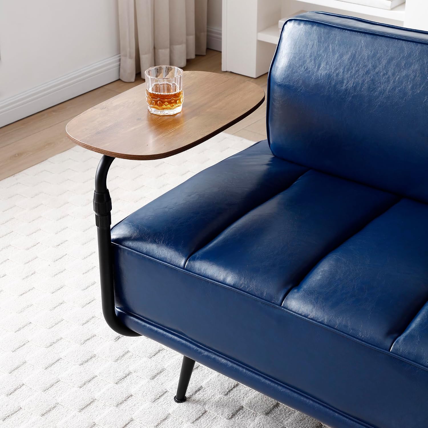55" Modern Upholstered Bedroom Bench with Side Table - 360° Rotating Tray, PU Leather Cushion, Metal Legs for Living Room & Entryway (Blue)