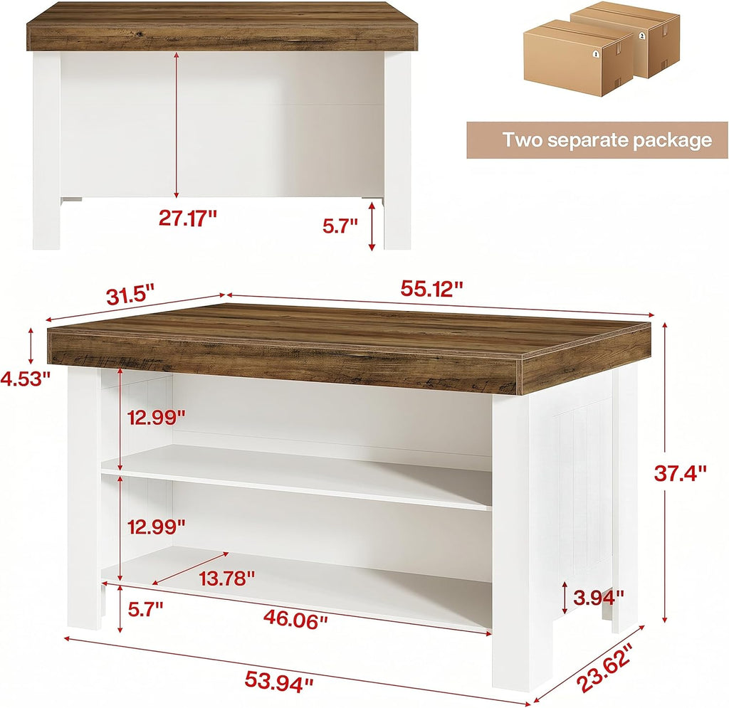 Tribesigns 55" Kitchen Island with Storage Shelves, 2-Tier Farmhouse Wood Counter Height Table with Seating, Large Stationary Island for Kitchen, Dining Room, Small Space (White)