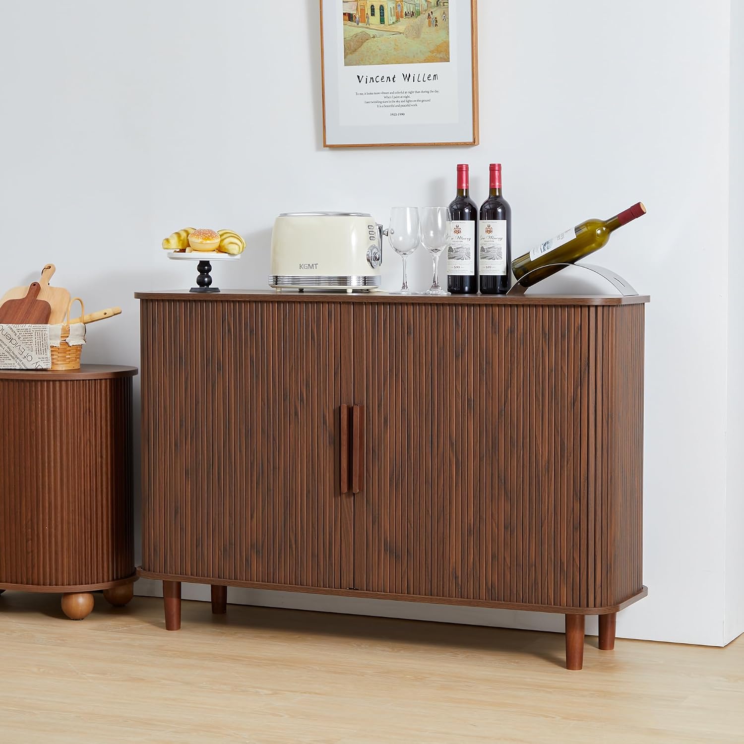 Fluted Sideboard Cabinet, Sideboard Buffet Cabinet with Storage and Sliding Doors, Modern Kitchen Storage Cabinet Coffee Bar Table for Living Room, Kitchen, Entryway (Walnut)