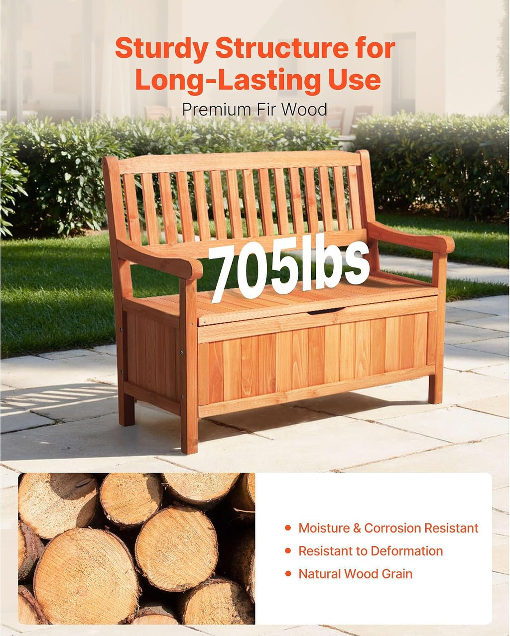Cedar 2-Person Outdoor Storage Bench, 33 Gal Capacity Holds 705lbs Weatherproof Dustproof for Patio Garden