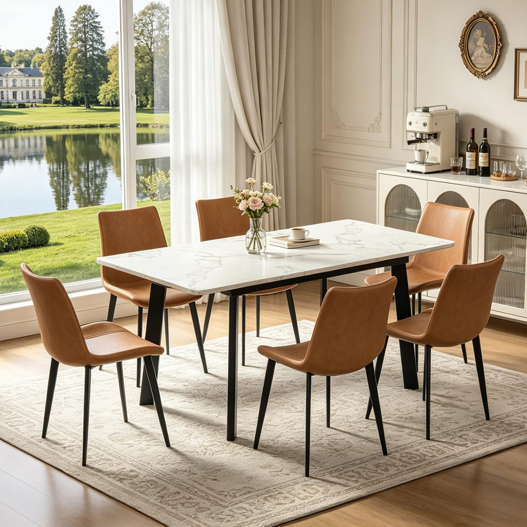 47.2"-63" Extendable Dining Room Table Set for 4-8 People, White | Removable Extension Leaf, Durable MDF Rectangle Tabletop, 6 Brown Sleek Faux Leather Chairs, Heavy Duty Modern Kitchen Table