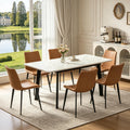 47.2"-63" Extendable Dining Room Table Set for 4-8 People, White | Removable Extension Leaf, Durable MDF Rectangle Tabletop, 6 Brown Sleek Faux Leather Chairs, Heavy Duty Modern Kitchen Table