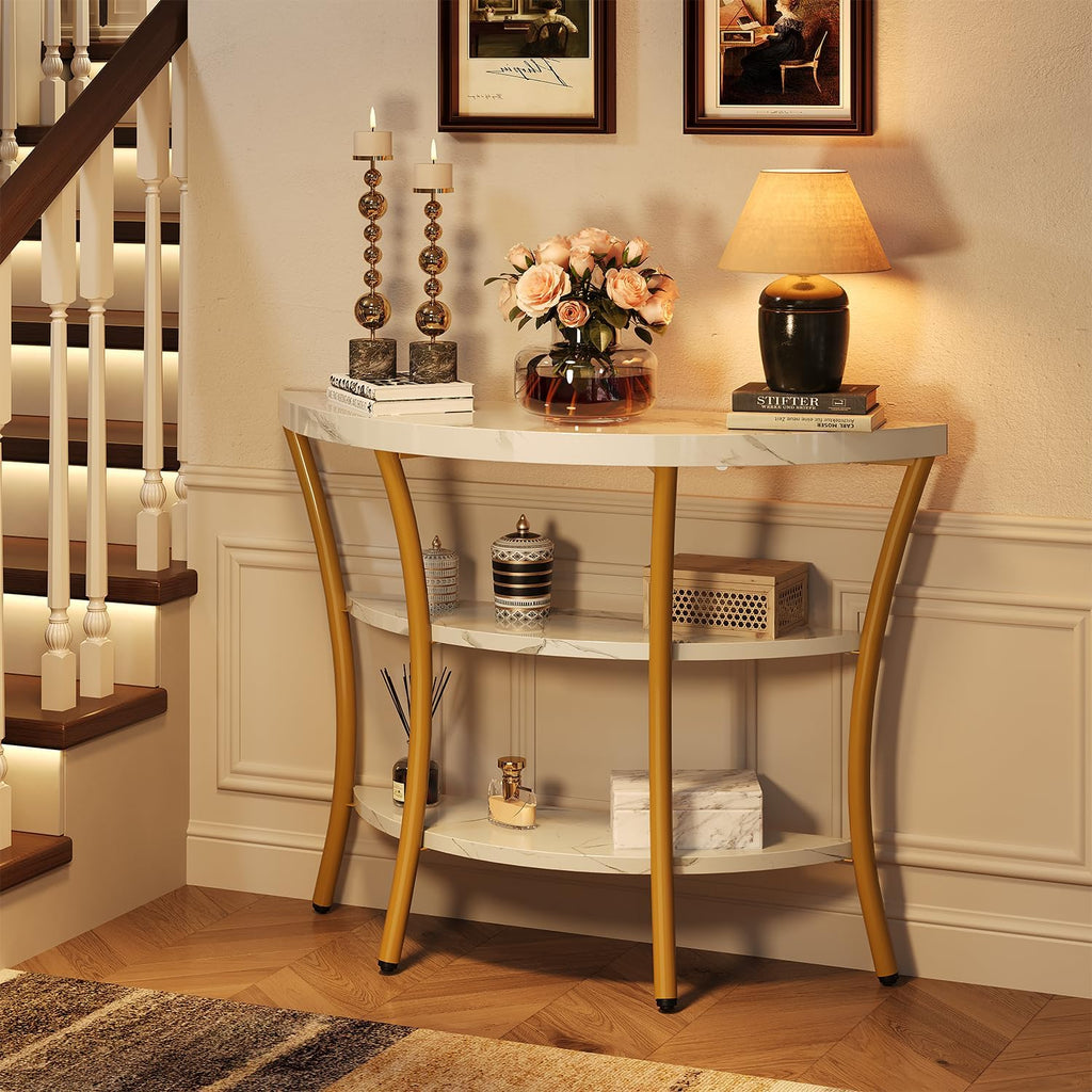 39.4" Console Table with Half Moon Wood Shelves, 3 Tier Modern Entryway Table with Curved Metal Frames, Narrow Sofa Couch Table for Hallway, Entrance, Living Room, Foyer, White Marble & Gold