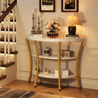 39.4" Console Table with Half Moon Wood Shelves, 3 Tier Modern Entryway Table with Curved Metal Frames, Narrow Sofa Couch Table for Hallway, Entrance, Living Room, Foyer, White Marble & Gold