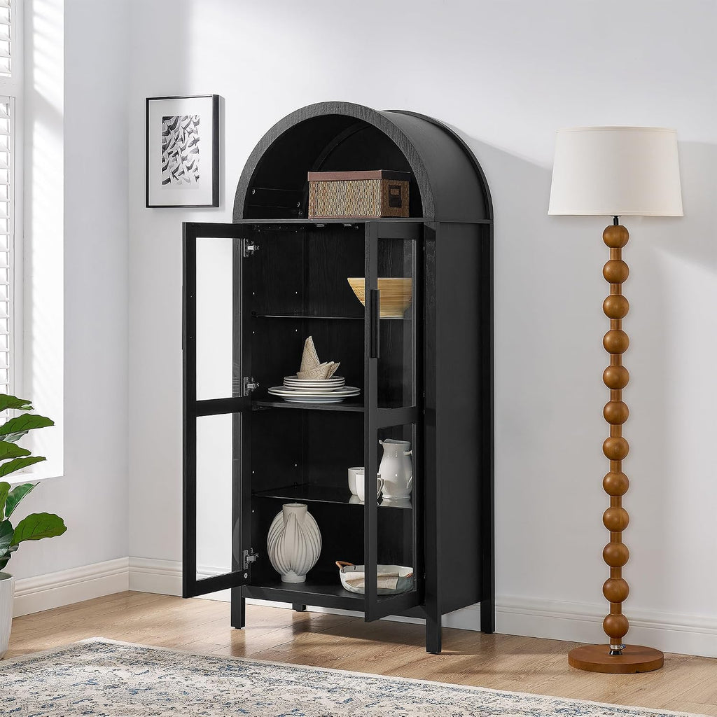 Polibi Arched Kitchen Cabinet with Light, Modern Retro 67" H Storage Display Cabinet with Adjustable Shelves & Glass Doors, for Living Room & Entryway,Black