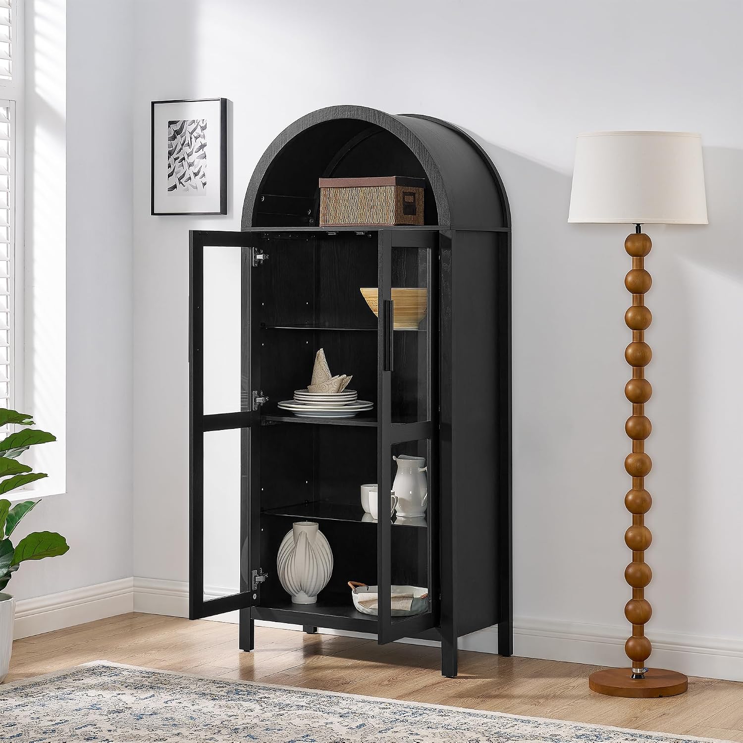 Polibi Arched Kitchen Cabinet with Light, Modern Retro 67" H Storage Display Cabinet with Adjustable Shelves & Glass Doors, for Living Room & Entryway,Black