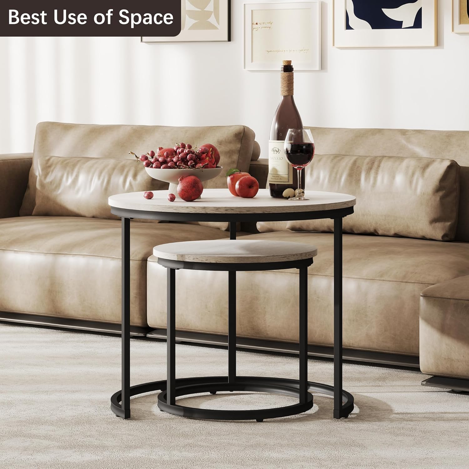 Otterease Nesting Tables Set of 2, Round Coffee Table, Small Nesting Coffee Table with Adjustable Non-Slip Fee, Wood Grain Top Nesting Tables for Living Room, Bedroom (Wood Grain Grey)