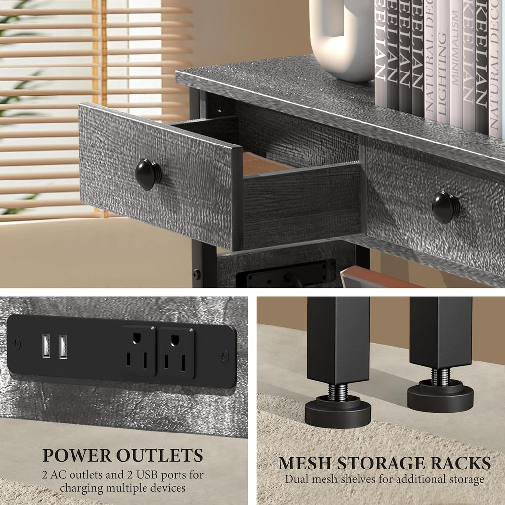 32" Narrow Console/Entryway Table with Storage & 2 Drawers & Outlets, for Sofa & Living Room, Hallway/Foyer/Couch/TV/ Aquarium Stand Table for Entryway with USB Ports, LED Light Strip,Perfect for Home