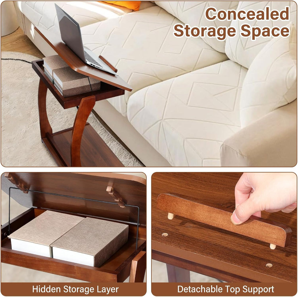 Redriver 24" C Shaped Side Table, Wooden C-Shaped End Table with 3 Adjustable Desktop & 2 Lockable Wheels, Small Couch Rolling Side Table for Living Room, Bedroom