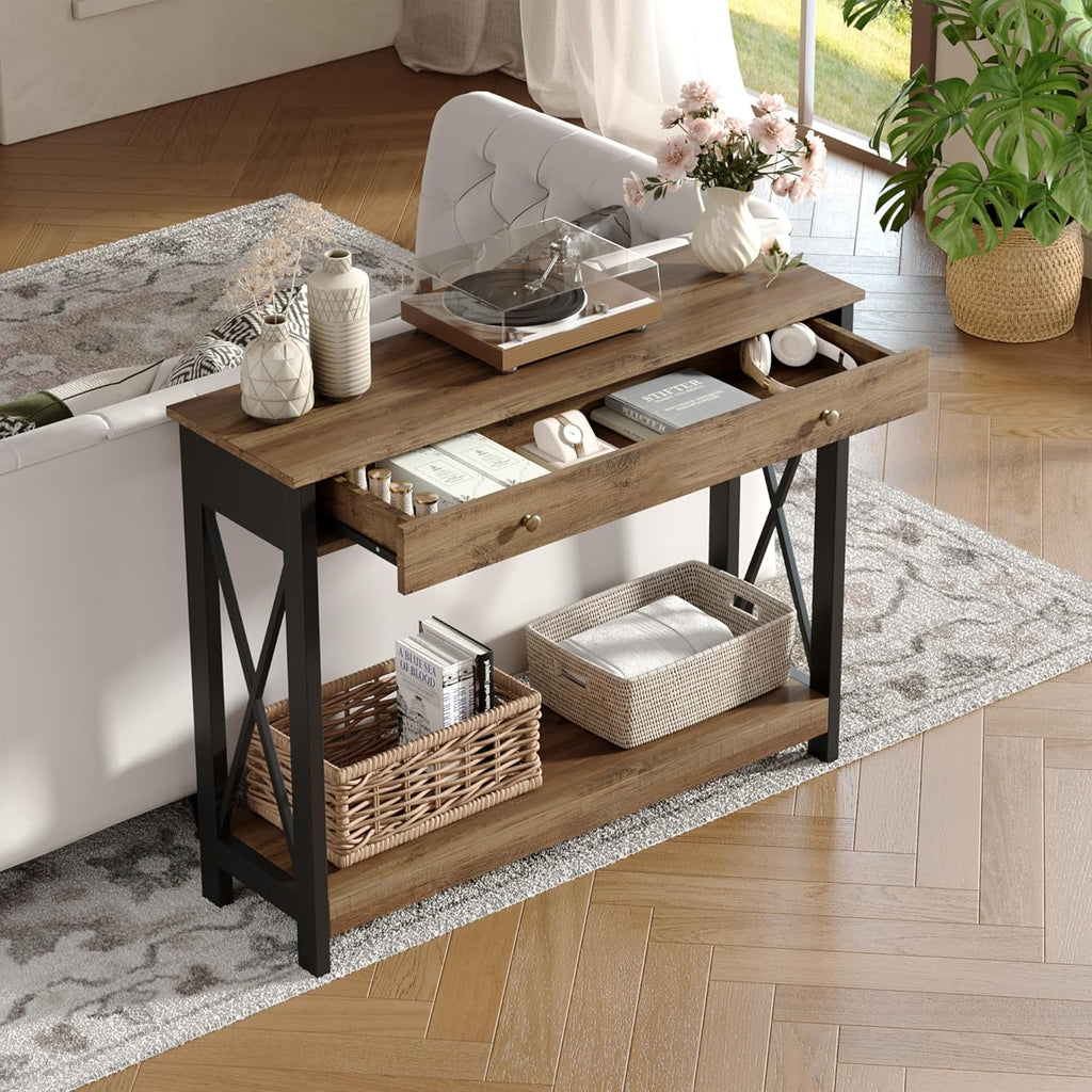 Treocho Console Table with Drawer and Storage Shelves, Foyer Sofa Table Narrow for Entryway, Living Room, Hallway Rustic Oak & Black